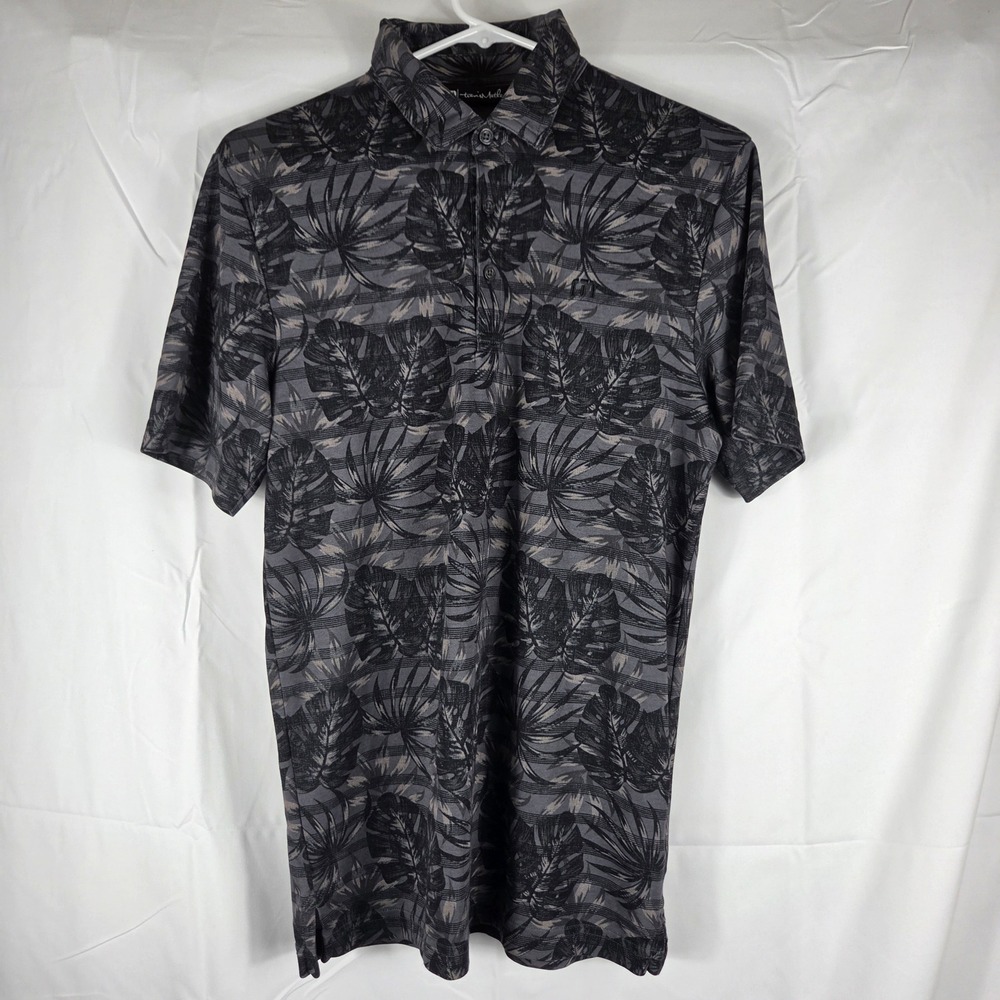 Travis Mathew Mens Small Grey Black Tropical Leaf Stripe Short‎ Sleeve Golf Polo - Picture 2 of 7